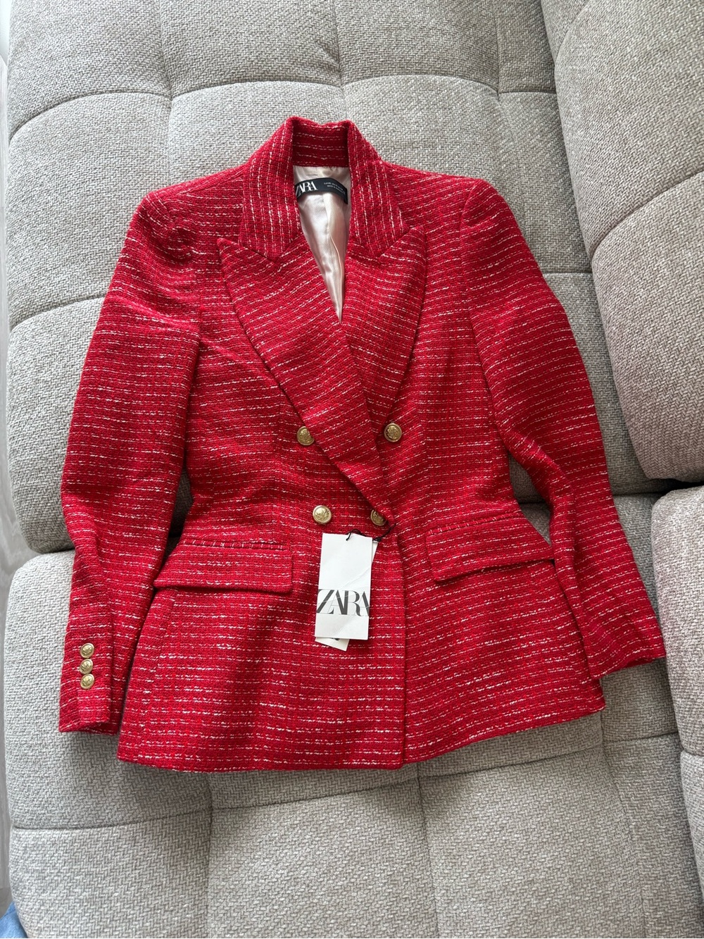 ZARA Red Tweed Double-Breasted Blazer with Gold Buttons